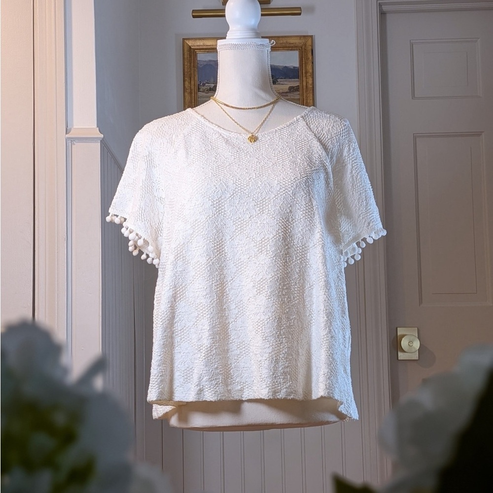 Anthropologie eri + ali White Textured Lace Pom Trim Tie-Back Blouse M